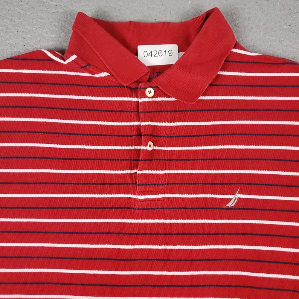 Nautica Polo Shirt Mens Large Red Striped Short Sleeve Classic Fit Cotton Blend